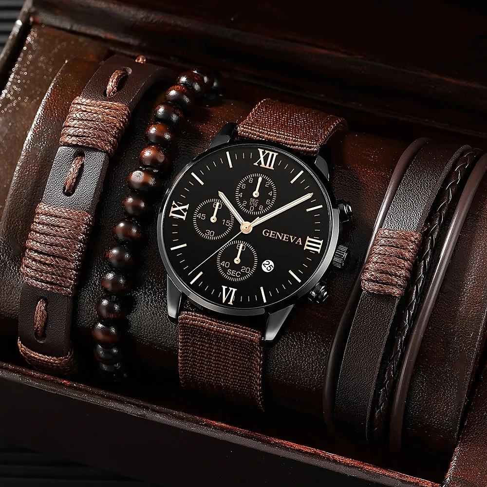 Reloj de cuarzo de lona con tres ojos falsos, calendario individual y brazalete. Set ideal para uso diario, elegante y funcional. — foto 5