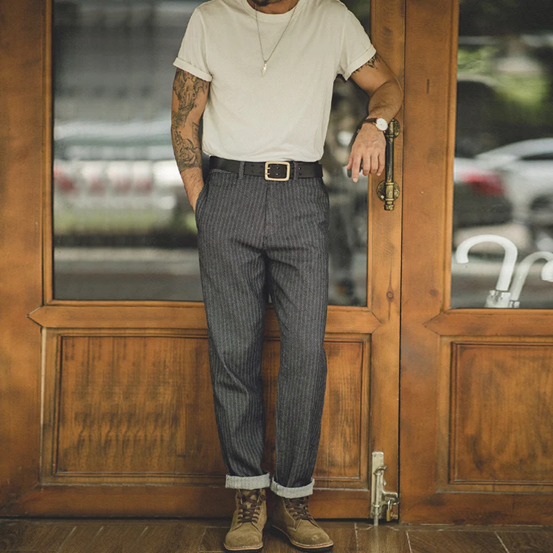 American Retro HBT grijze jeans, rechte pijpen voor heren. Comfortabele en duurzame vintage spijkerbroek. Klassieke stijl, ideaal voor dagelijks gebruik. — foto 10