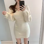 Cross V-neck Hip Women's Knitted Dress Sweater — photo 5