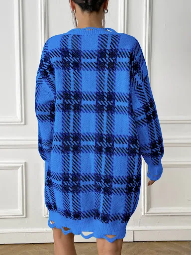 Title 11, Fashion V-neck Plaid Dress Casual Loose Long-sl...