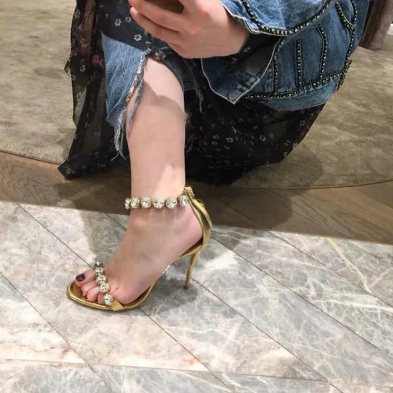 Summer New Sexy Open Toe High Heels Stiletto Gold Rhinestone Sandals. Elevate your style with these stunning, glamorous — photo 5