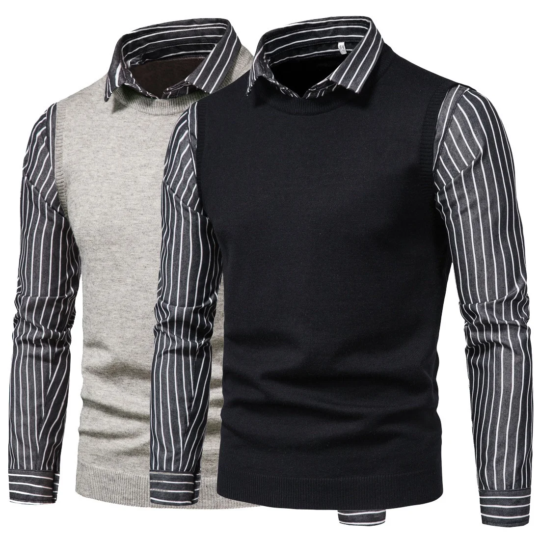 Title 5, Knit sweater with lapel fake two sweater bottom...