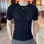 Men's Short Sleeve Hollow-out Half-sleeved Ice Silk Crew Neck T-shirt, breathable and cool, perfect for warm weather. — photo 14