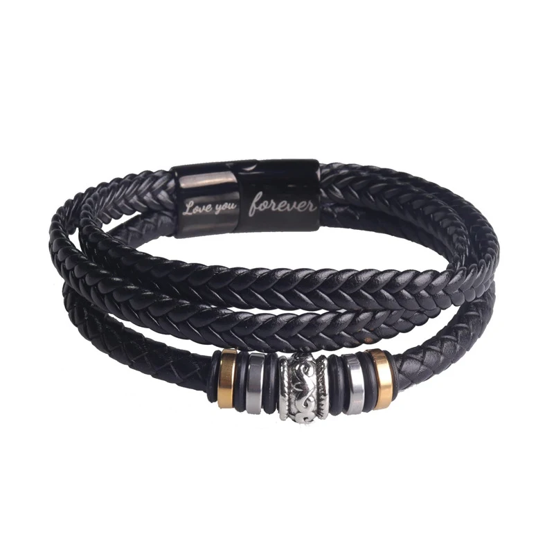 Pulseira masculina trançada de três camadas Aço titânio, couro e liga. Design elegante e durável, perfeita para um visual moderno e sofisticado. — foto 8
