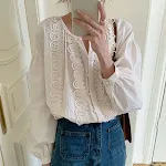 French Simple Round Neck Patchwork Cut Out Lace Shirt. Elegant and versatile top perfect for everyday wear, offering a t — photo 3