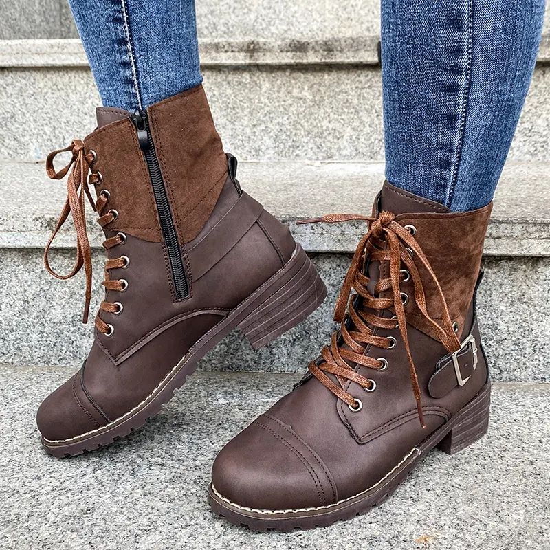 Women's lace-up winter boots with buckle, cowboy style, low heel shoes. Comfortable and stylish footwear for cold weathe — photo 5