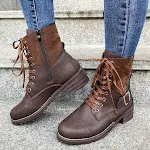 Women's lace-up winter boots with buckle, cowboy style, low heel shoes. Comfortable and stylish footwear for cold weathe — photo 5