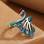 Anel de pavão retrô esmaltado azul queimado com banho de prata. Design vintage elegante e sofisticado para um visual marcante e cheio de personalidade. — foto 6
