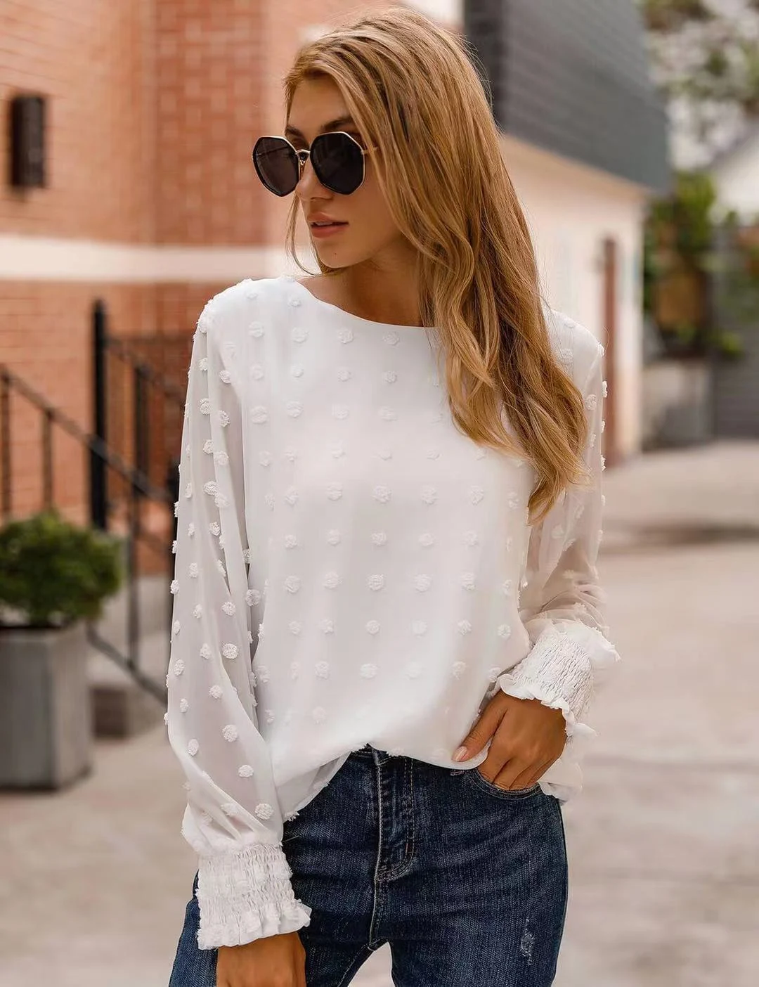 Title 7, Camisa solta de chiffon jacquard com gola redonda