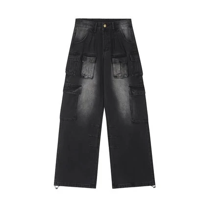 Street Design Workwear broek, wijde pijpen voor heren en dames, losse pasvorm, rechte snit, gewassen retro jeans, casual look. — foto 7