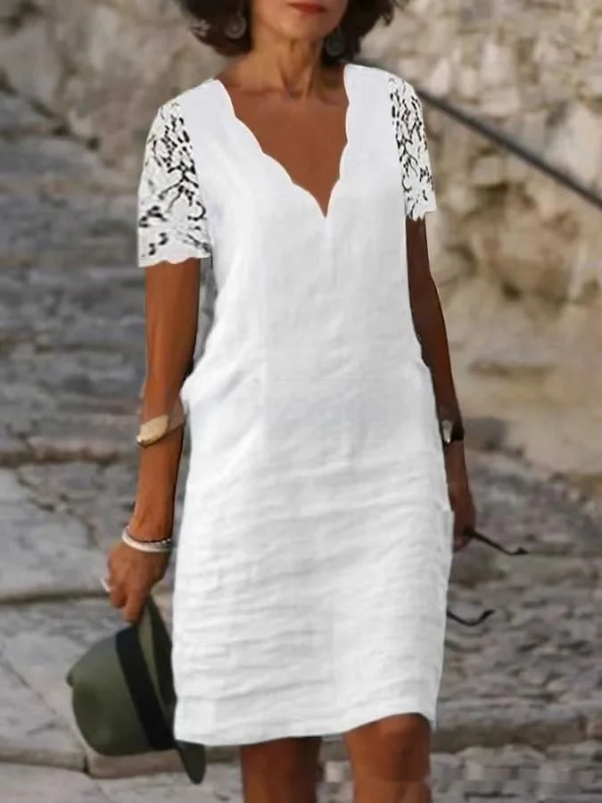 Title 4, Solid color cotton V-neck lace short sleeve dre...