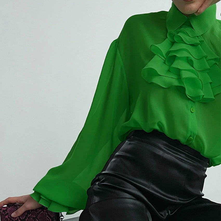 Title 4, Chiffon Shirt Perspective Ruffle Top Slim Fit, ...