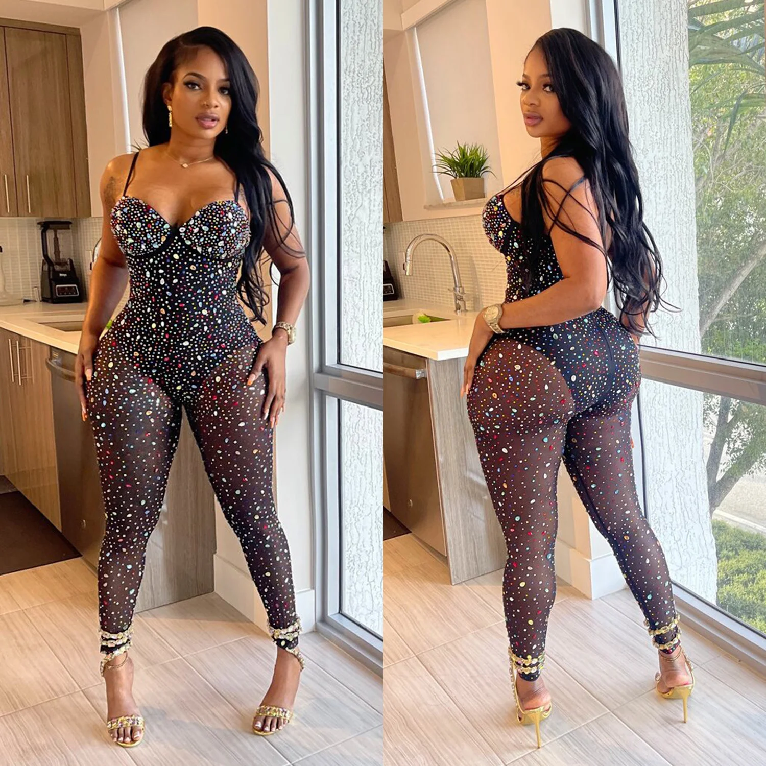 Title 5, Womens Pure Color Mesh Rhinestone Pants Jumpsuit