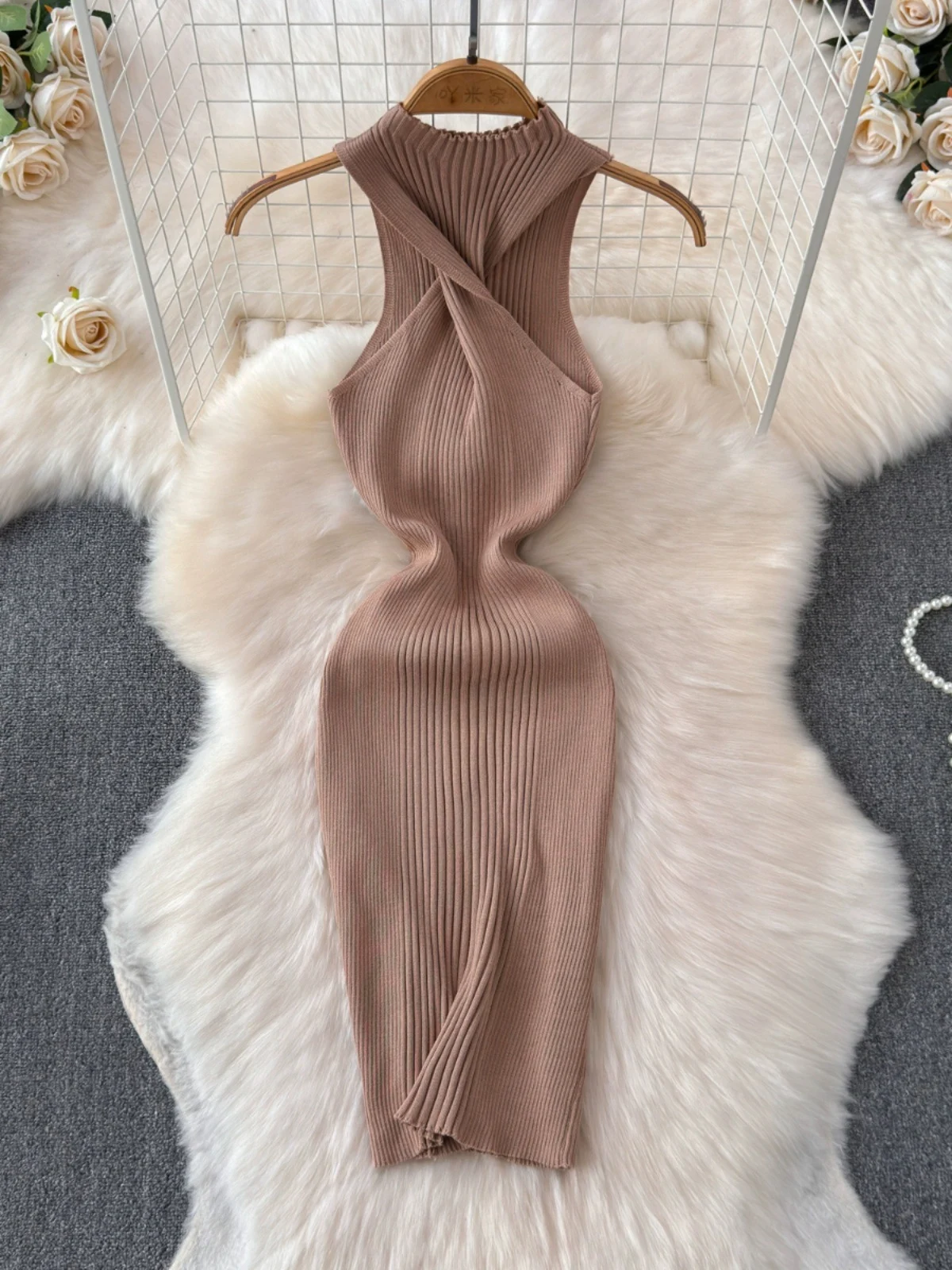 Cross Kinked Slimming Knitted Halter Dress — photo 4