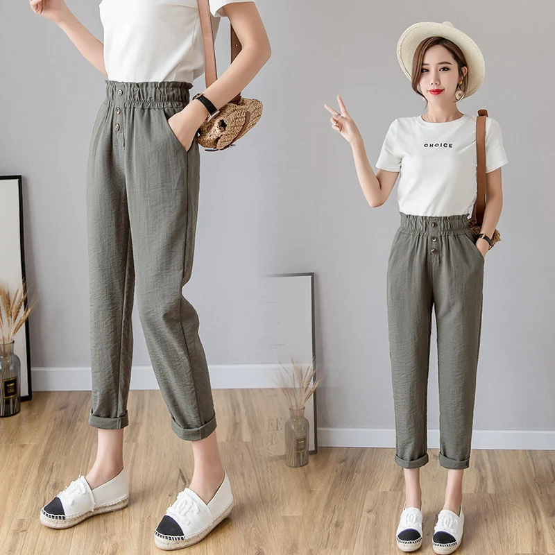 Title 4, Cotton and linen casual loose cropped trousers....