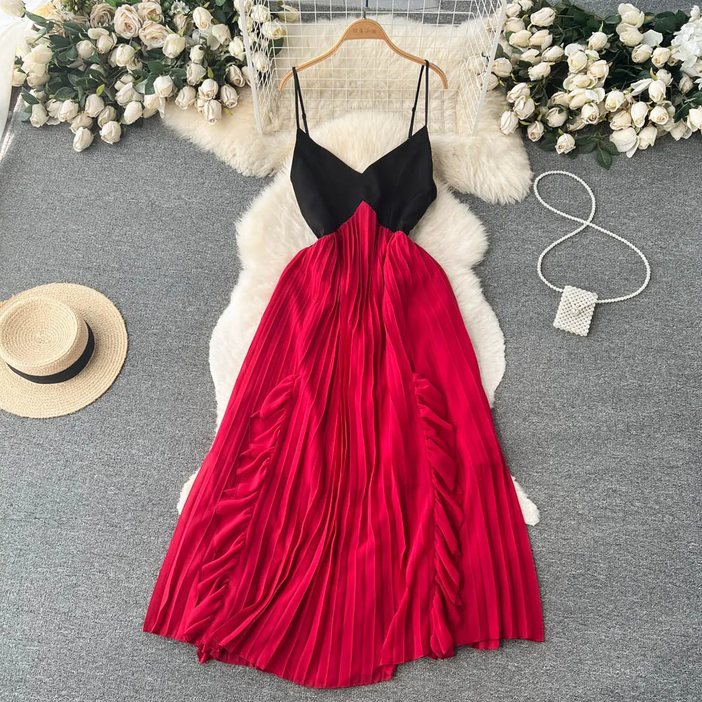 V-neck Color-block Stitching Mid-length Pleated Puffy Suspender Skirt — photo 11