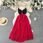 V-neck Color-block Stitching Mid-length Pleated Puffy Suspender Skirt — photo 11