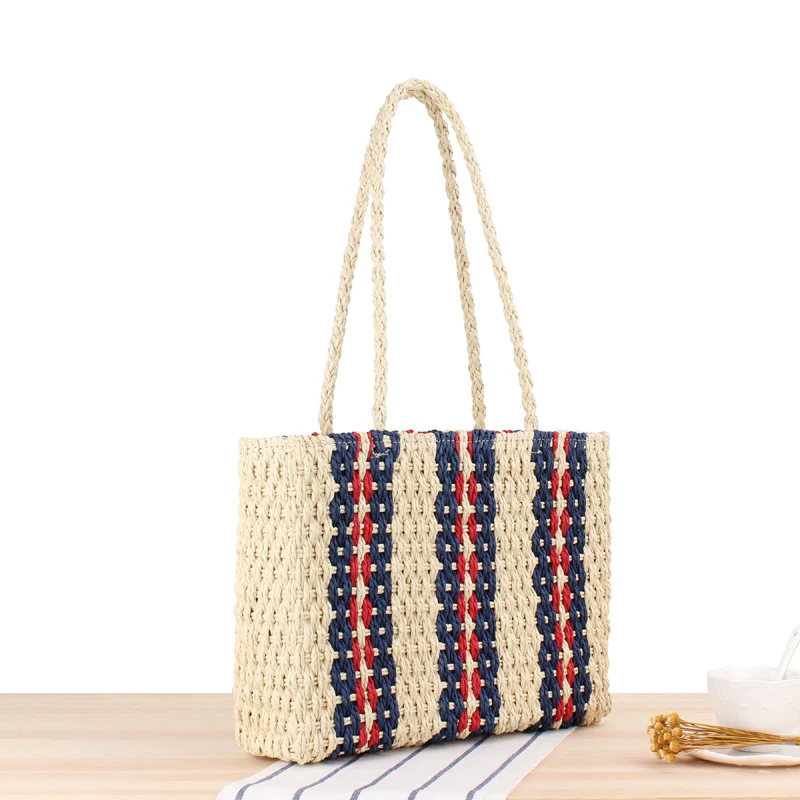 Title 2, Vertical Stripes One-shoulder Straw Woven Bag f...