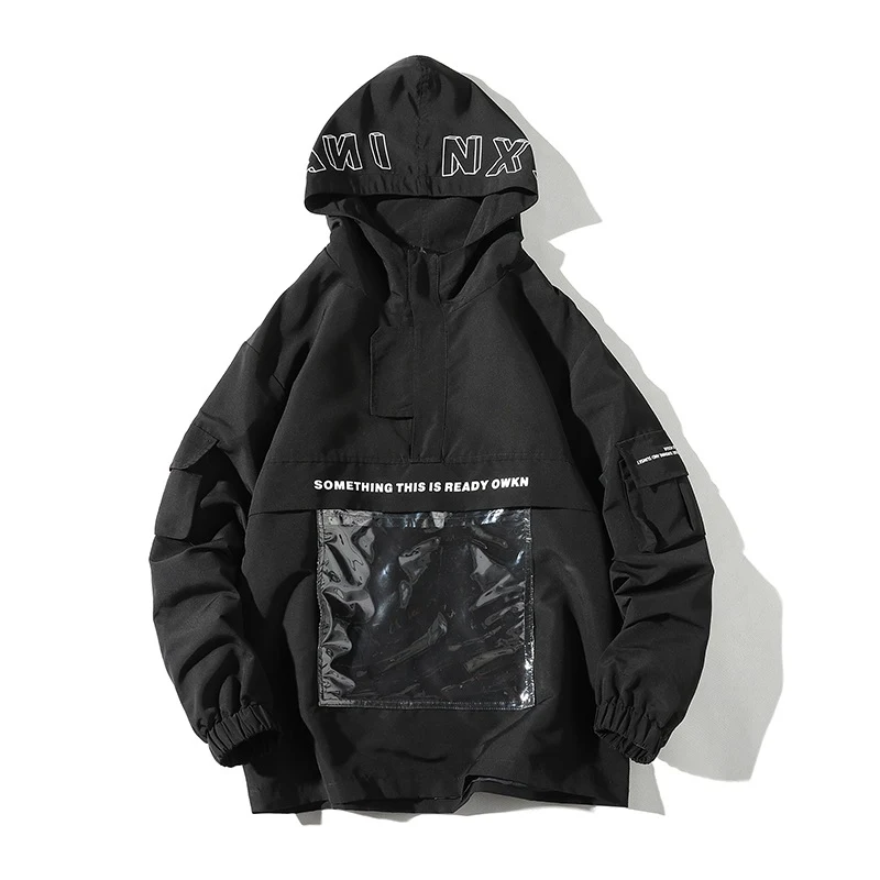 Jaqueta com capuz estilo Hong Kong outono para casais, estampa de letras soltas, bolso grande transparente. Conforto e estilo para o dia a dia. — foto 2