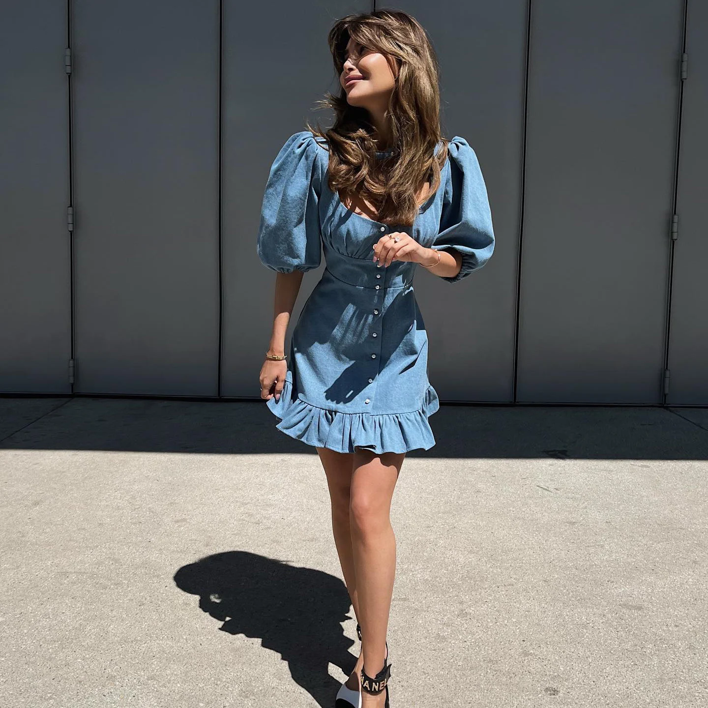 Title 2, Low-cut Washed Blue Cinched Short Dress Women