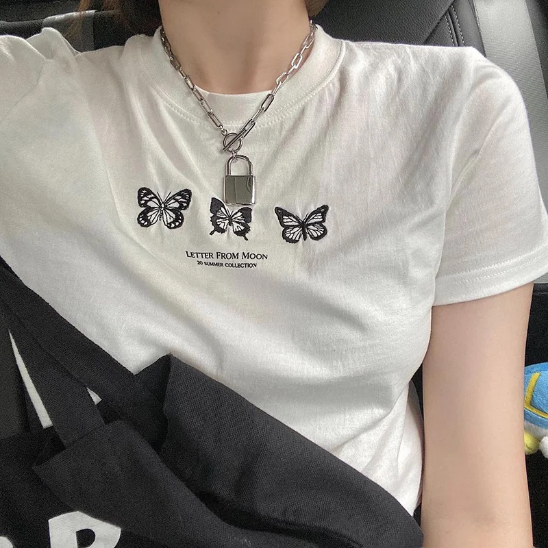 Butterfly Print Crew Neck T-Shirt Letter Cropped Casual Top — photo 4