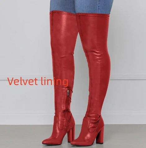 Botas femininas plus size com zíper lateral, salto grosso alto e cano longo abaixo do joelho, perfeitas para um visual estiloso — foto 5