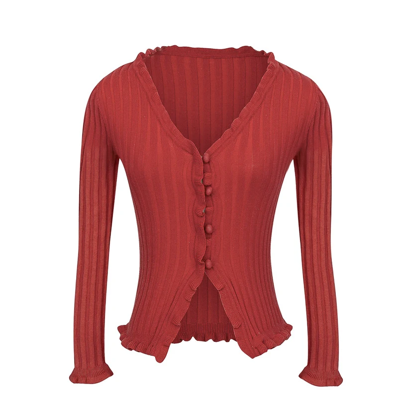 Retro V-neck solid color wooden ear long-sleeved thin section Slim knit cardigan top — photo 4
