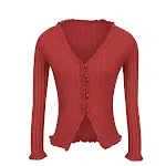Retro V-neck solid color wooden ear long-sleeved thin section Slim knit cardigan top — photo 4