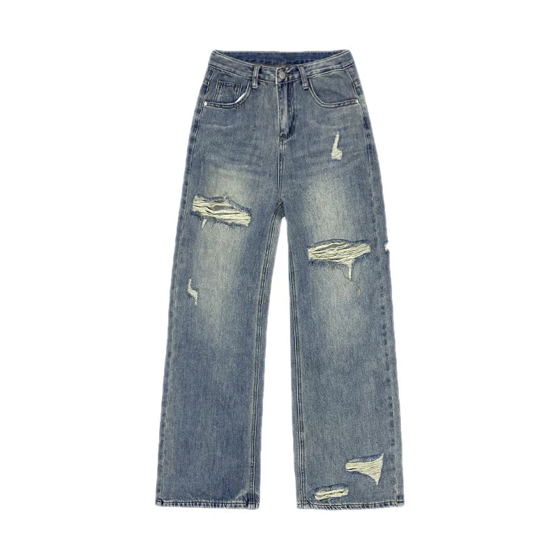 Title 7, Calças Jeans Rasgadas Lavadas Perna Larga Confo...