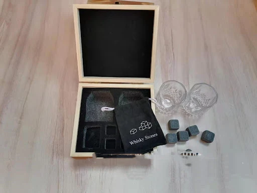 Title 4, Black Whiskey Stone Ice Cubes in High-end Woode...
