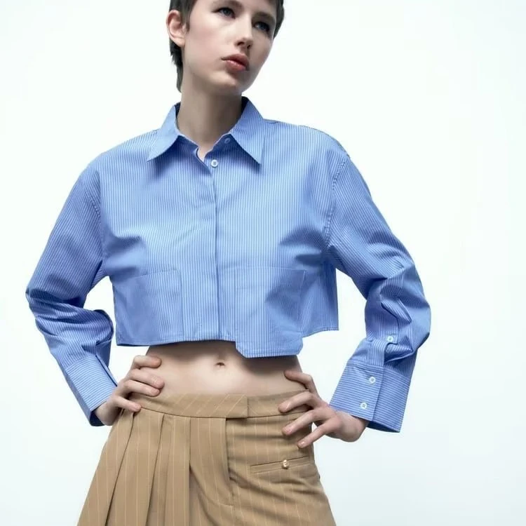Camisa curta de popeline listrada casual urbana feminina primavera, transfronteiriça, design moderno e confortável para o dia a dia — foto 11