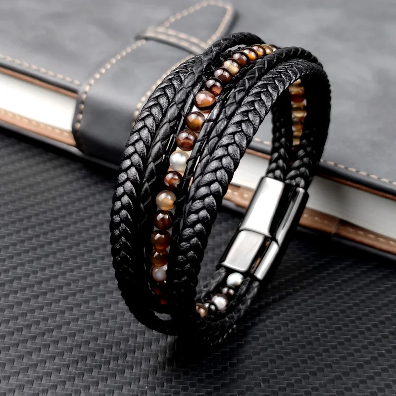 Title 5, Pulseira Masculina Multicamadas Couro Aço Inoxi...