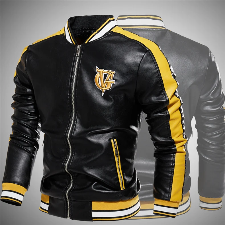 Men's Leather Jacket Stand-up Collar Color Block Faux Leather Jacket Zipper Embroidered Jacket for Style and Warmth. — photo 3