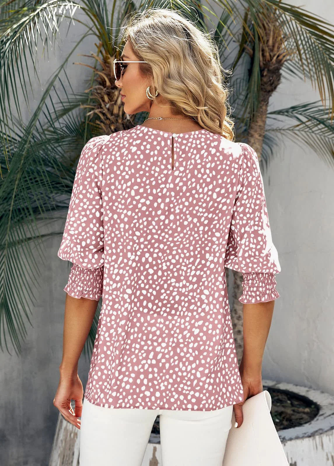 Camisa de chifón estampada holgada de cuello redondo y manga corta para mujer ideal para un look fresco y cómodo en verano, perfecta para cualquier ocasión casual. — foto 13