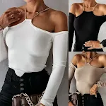 Top sexy de manga longa com ombro único, cor sólida e temperamento. Perfeito para um look elegante e atraente, ideal para diversas ocasiões. — foto 5