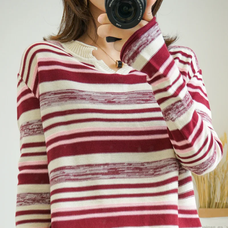 Winter Loose Striped Women's Cotton And Linen Long-sleeved Thin Sweater — photo 7