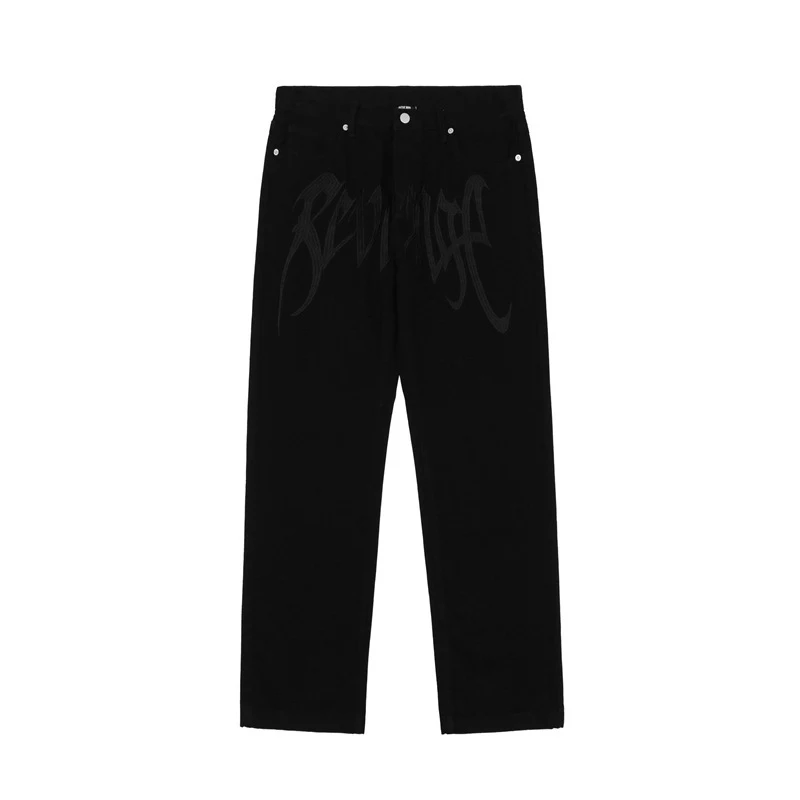 Jeans americanos retrô de rua com letras bordadas, cintura alta, corte reto hip hop, soltos e largos, estilo moderno e confortável. — foto 1