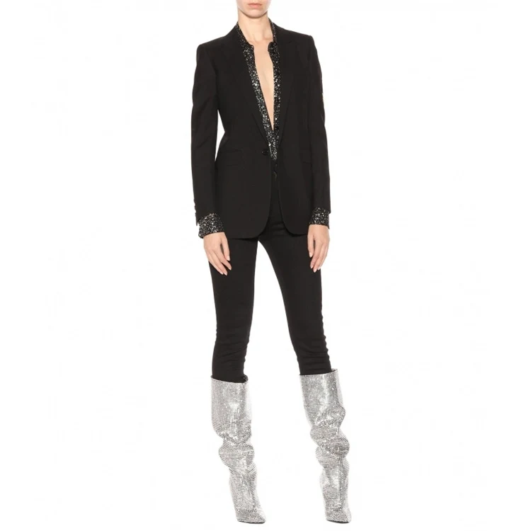 Rhinestone High-Heeled Pointy Knee-Length Boots for Nightclub Shows, sparkle and shine with every step you take — photo 8