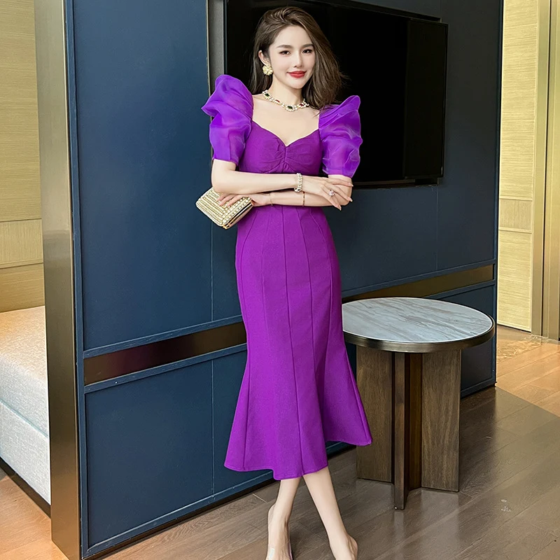 Title 8, French Retro Purple V-collar Over The Knee Dres...