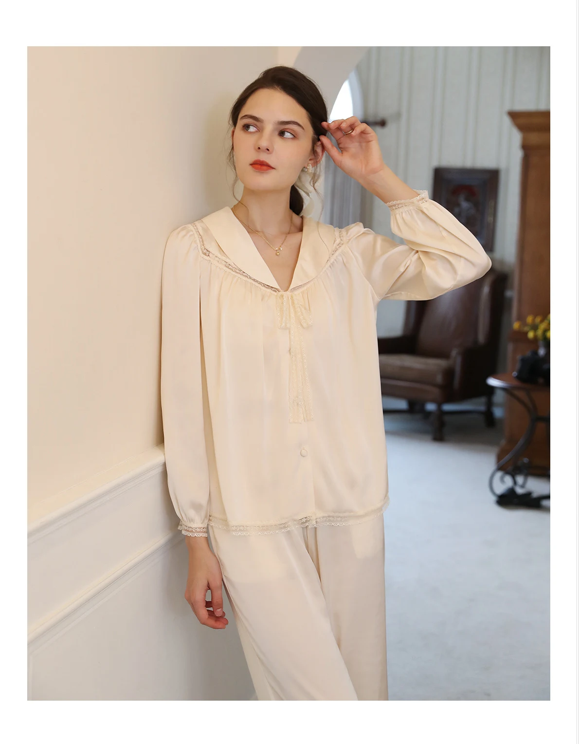 Title 6, French Lapel Shirt Style Spring Ice Silk Long-s...