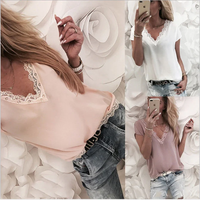 Title 3, V-Neck Lace Hem Lace Short Sleeves