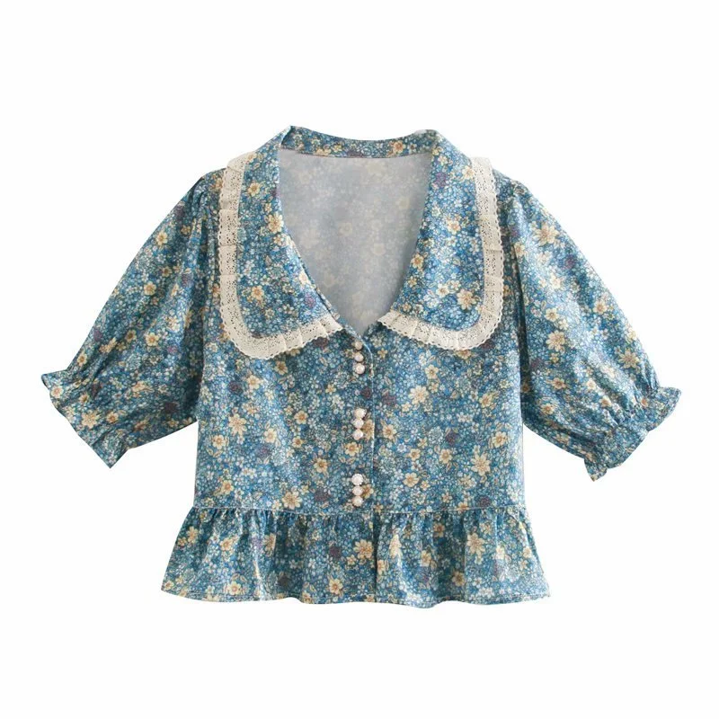 Title 9, Collar Lace Panel Floral Button Down Shirt