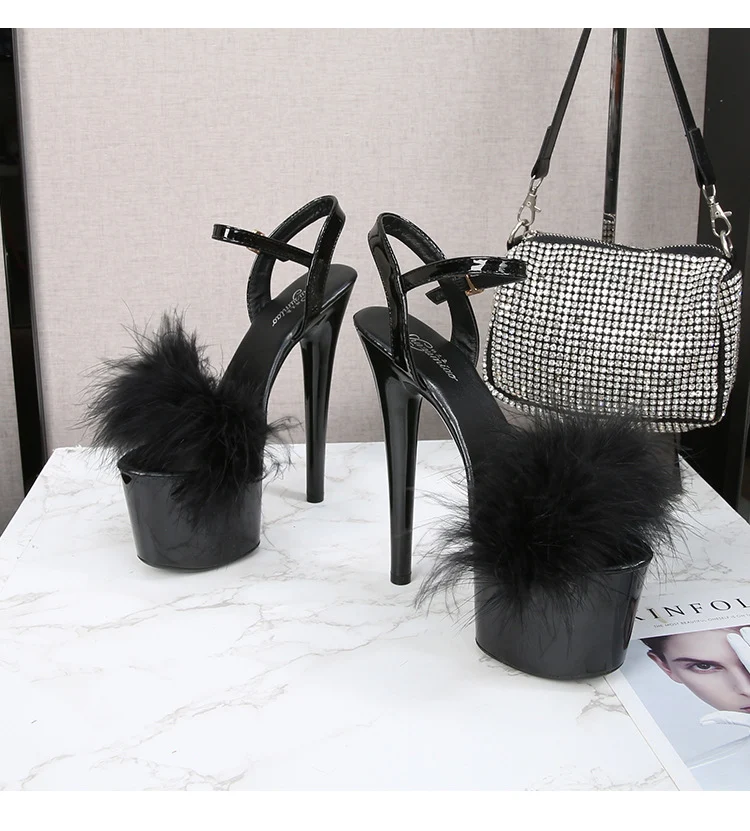 Patent leather stiletto platform sandals with fur high heels, offering ultimate elegance and style for any special occas — photo 8