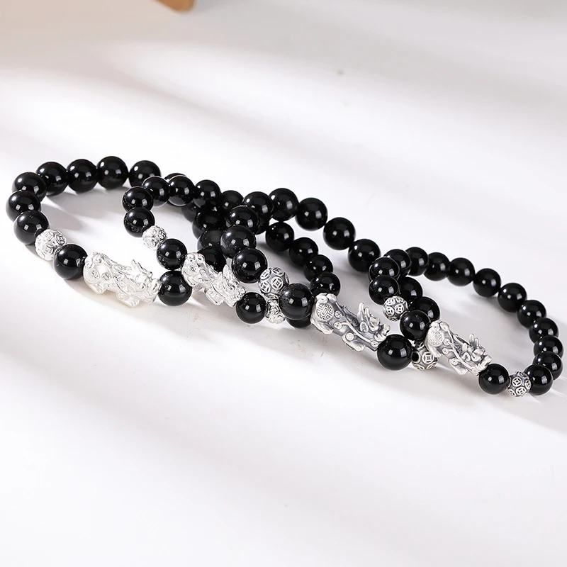 Pulseira Pixiu de Obsidiana Prata 925 Simples Versátil Personalidade Estilo Elegante Amuleto da Sorte Proteção — foto 3