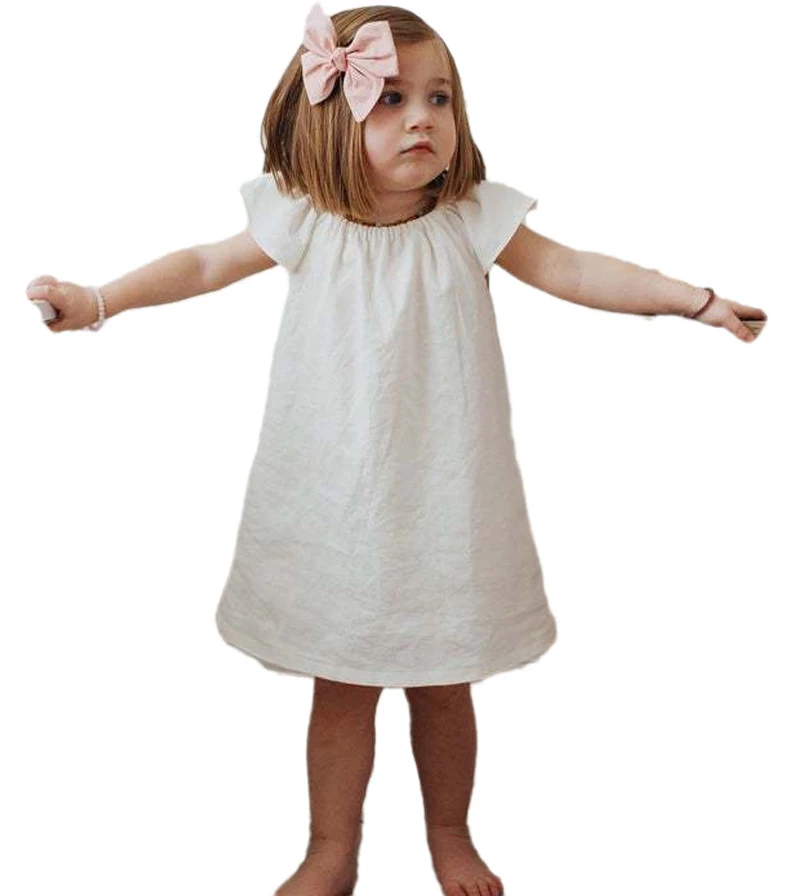 Vestido infantil princesa de algodão e linho, manga curta, cor sólida, corte A, perfeito para meninas, leve e confortável para o dia a dia. — foto 6