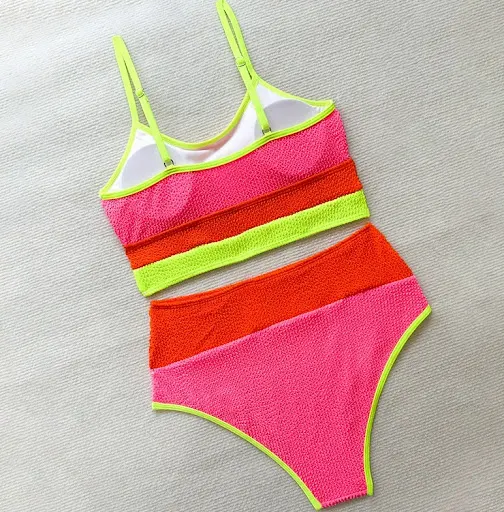 Title 3, Split Color Contrast Patchwork High Waist Bikin...