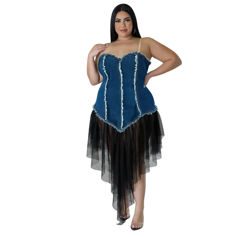 Title 4, Womens Fashion Denim Stitching Mesh Dress