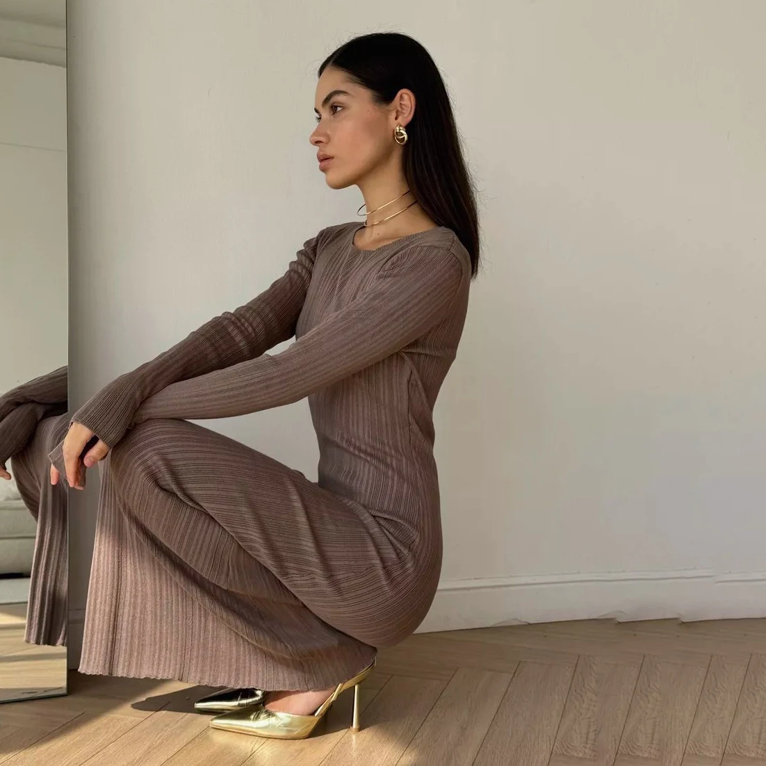 Title 19, Sunken Stripe Waist-tight Hip Knitwear Dress Lo...