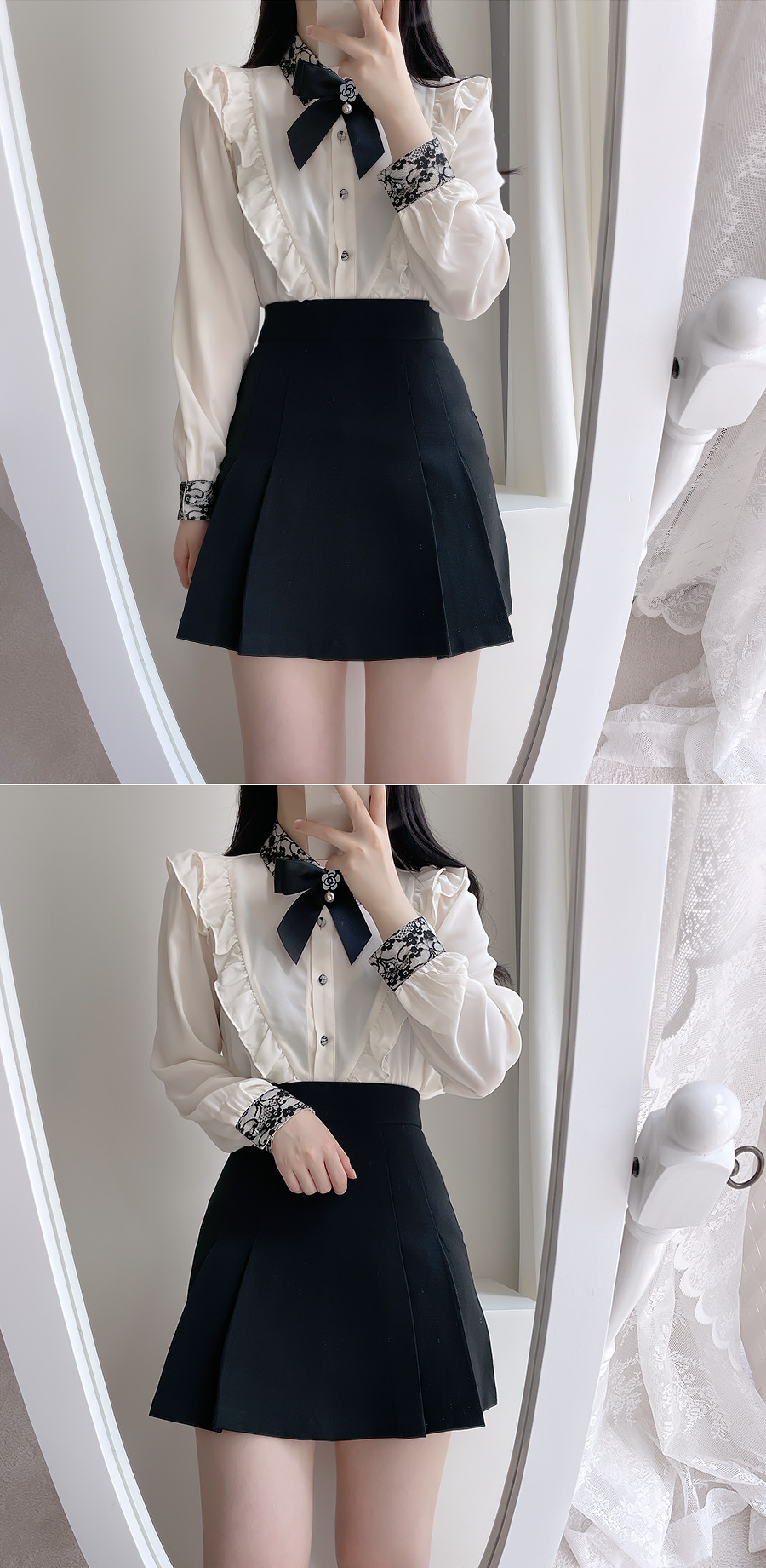 Title 2, Bow Lace White Shirt Womens Long-sleeved Top