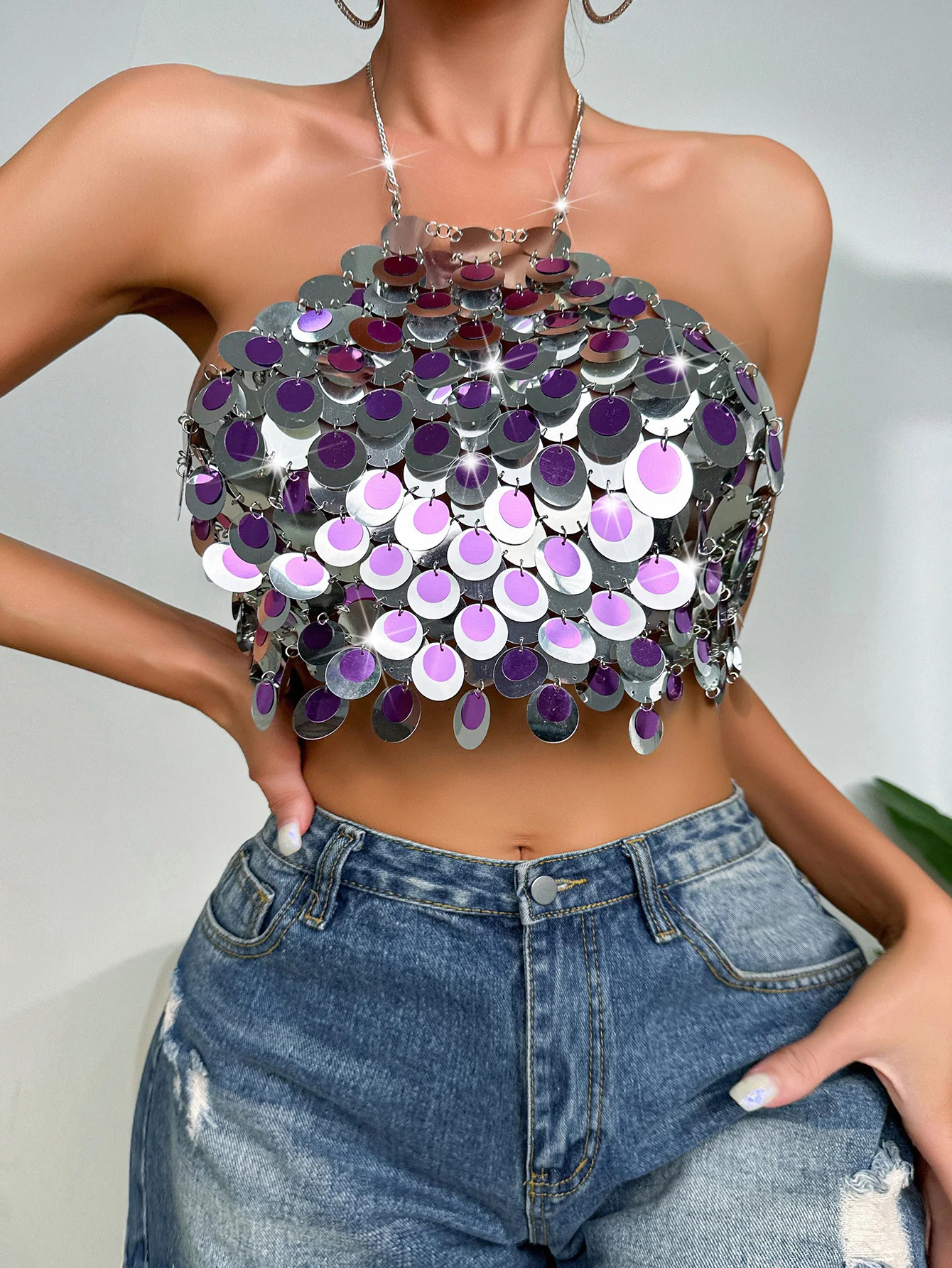 Color Block Double Layer Sequin Halter Spaghetti Straps Vest for a glamorous look with shimmering sequins and a flatteri — photo 12